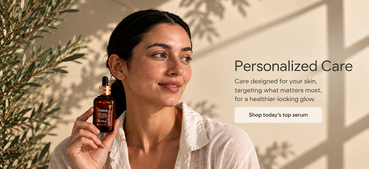 A woman in a white linen shirt holds a small amber serum bottle with a black dropper against a warm beige background with leaf shadows. Text on the right reads 'Personalized Care' with a 'Shop today's top serum' button.