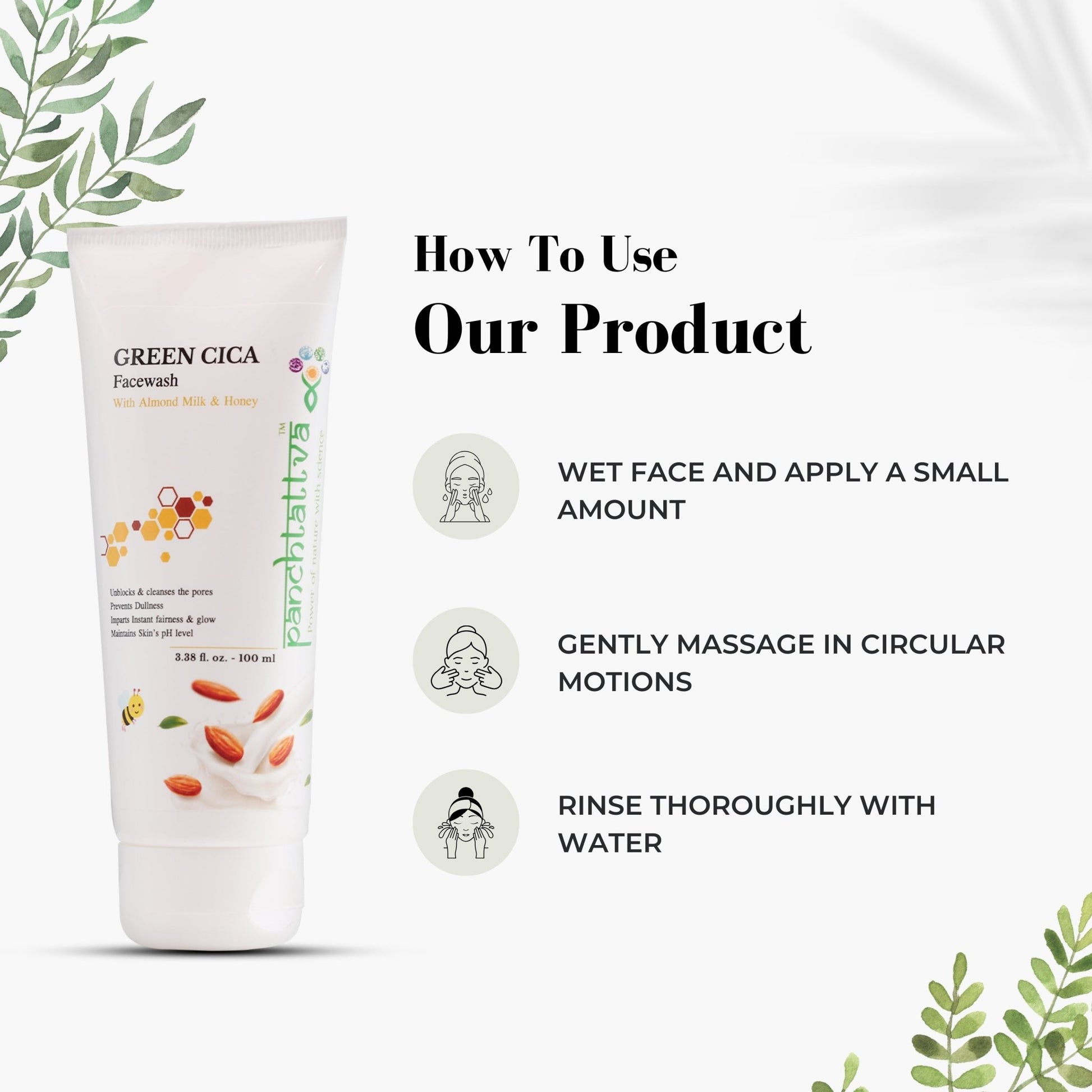 Panchtattva Green Cica Facewash: With Almond Milk & Honey, Prevents Acne, Keeps Skin Hydrated, Sulphate Free, Cleanses The Pores, Prevents Dullness, Instant Glow, Maintains Skin’s pH Level - panchtattvashop