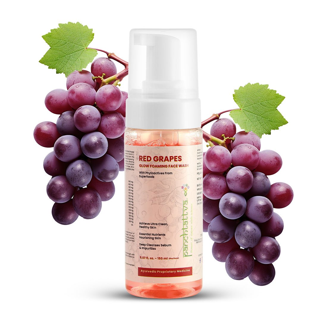 Panchtattva Red Grapes Glow Foaming Face Wash 150ML: 100% Natural, Deep Cleansing Formula for Clean & Healthy Skin, With Vitamin C, With Essential Nutrients for Brighter Glow, For All Skin Types - panchtattvashop
