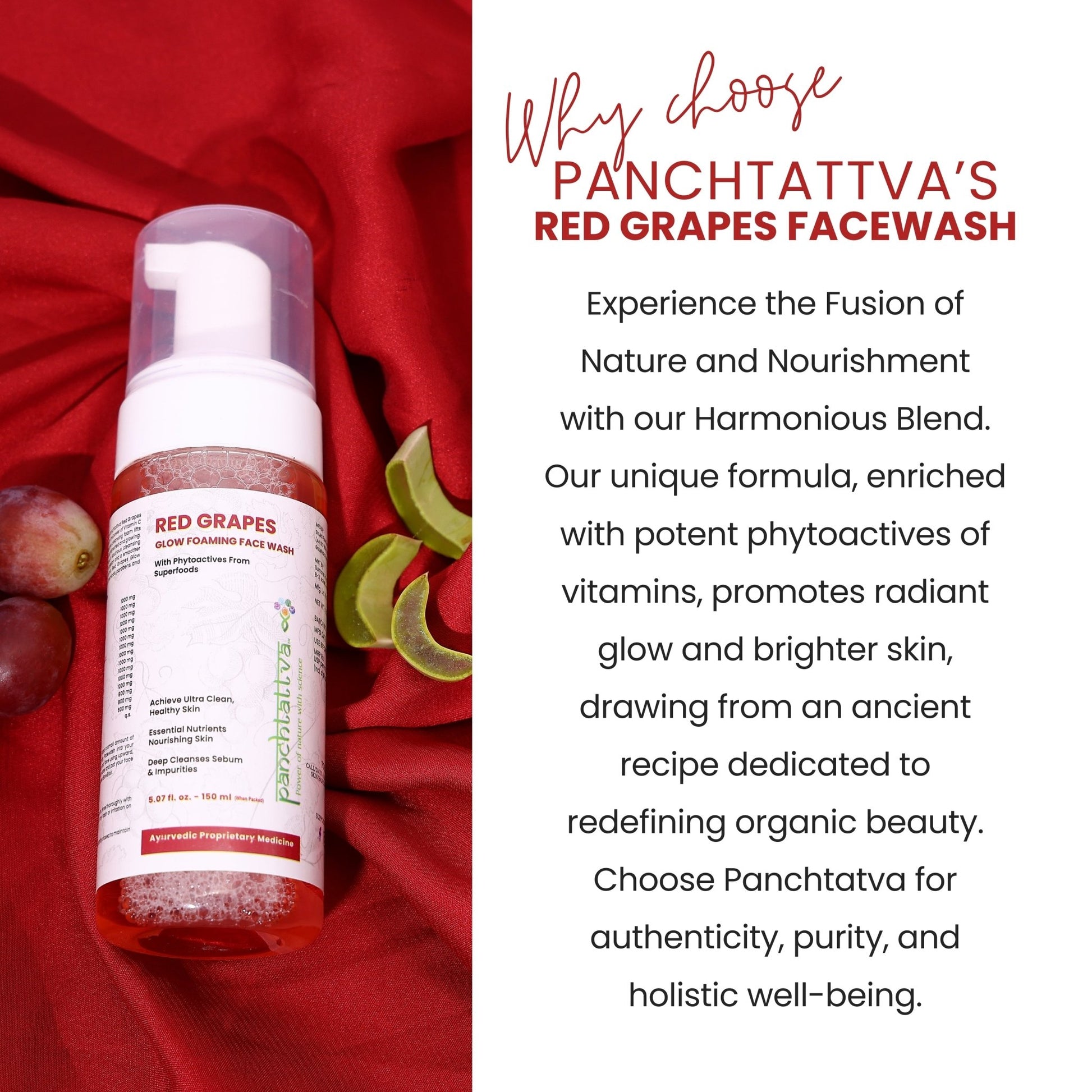 Panchtattva Red Grapes Glow Foaming Face Wash 150ML: 100% Natural, Deep Cleansing Formula for Clean & Healthy Skin, With Vitamin C, With Essential Nutrients for Brighter Glow, For All Skin Types - panchtattvashop