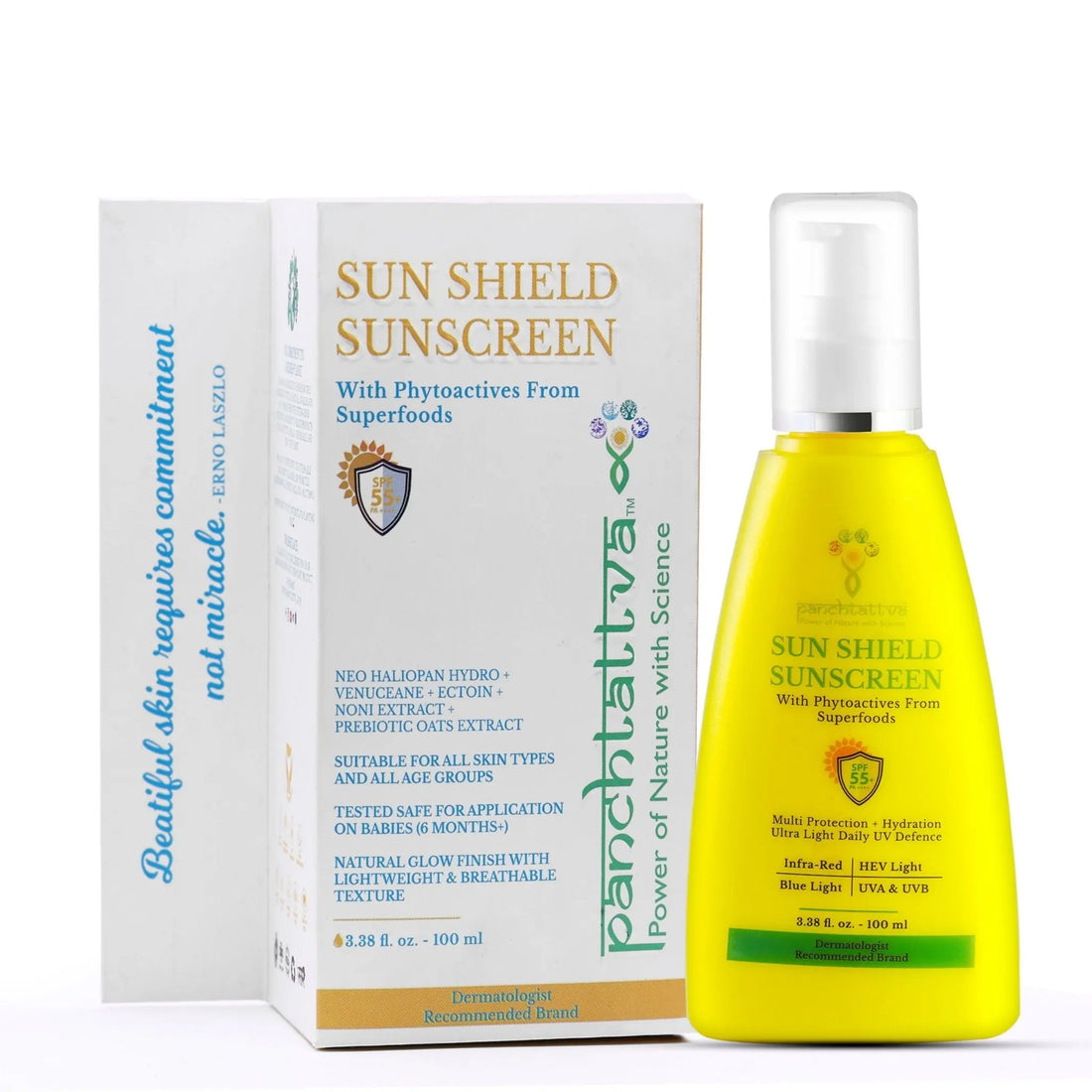 Panchtattva Sun Shield Sunscreen: SPF 55&PA+++ With Advanced Phytoactives From Superfoods, UVA/UVB Protection, Blue Light Protection, For All Skin Types, Ultra Light & Non Sticky - panchtattvashop